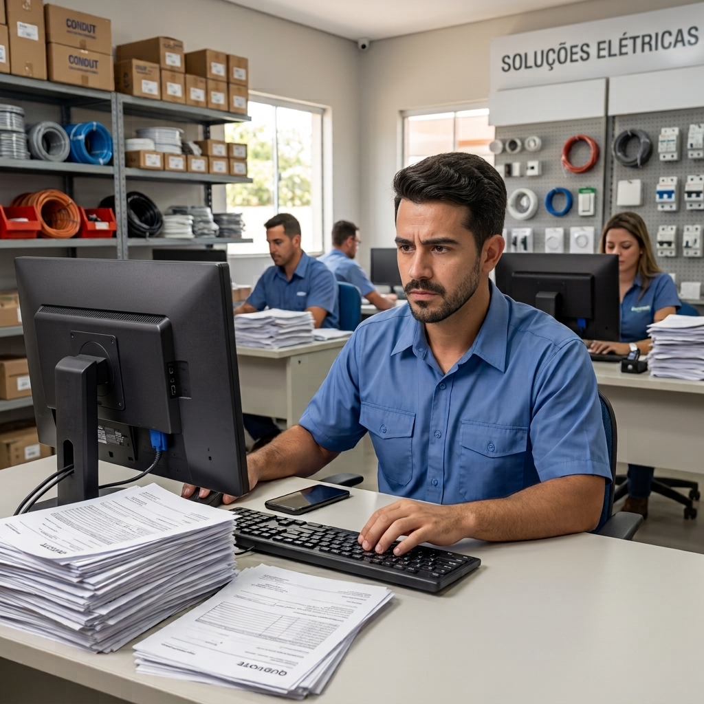 Vendedor preocupado, com pilha de papéis de cotações na mesa