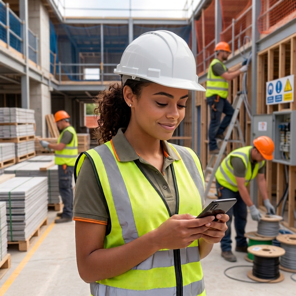 Cliente na obra, feliz com o celular na mão, cotação já recebida